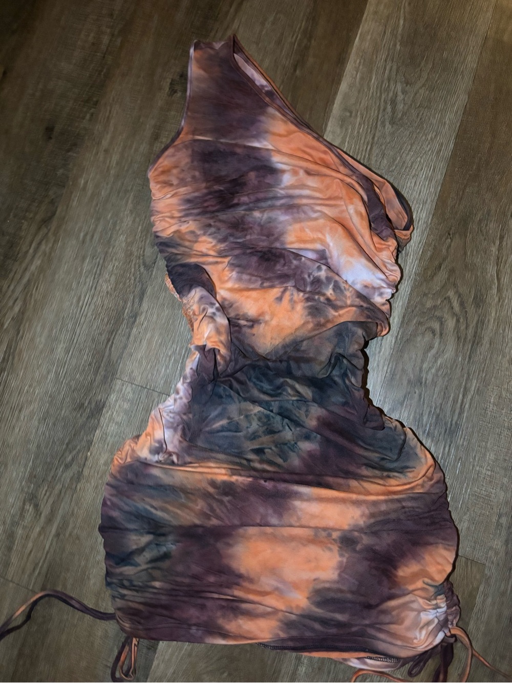Target One-Shoulder Tie-Dye Ruched Dress in Orange and Brown